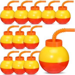 Amyhill 12 Set Fishing Bobbers Cups with Straws and Lids 10 oz Fun Fishing Birthday Party Decorations Red and White Plastic Cups for Kids Fishermen Pool Party Decorations, Orange and Yellow