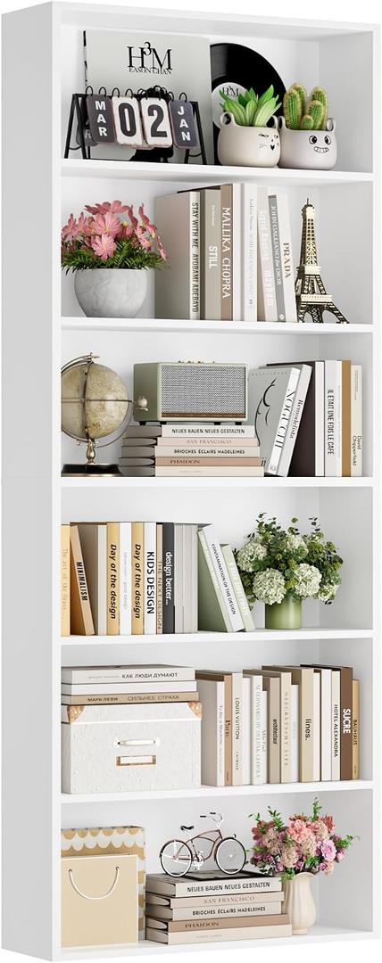FOTOSOK 6 Tier Tall Bookshelf and Bookcase with Open Display Shelves, White, 9.3"D x 23.6"W x 70.9"H