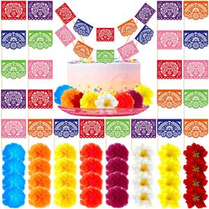 56 Pcs Fiesta Cake Topper Mini Mexican Papel Picado Banner and Flowers Cake Decor Toppers Fiesta Decorations for Party Decorations Mexican Themed Birthday Party Supplies
