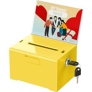 Uniclife Acrylic Donation Box with Lock and Sign Holder Yellow Ballot Box with Slot Plastic Suggestion Boxes Tip Jar Cash Storage Container Drop Chest for Fundraising Voting Raffle, 6.2" x 5" x 4" (1 Pack)