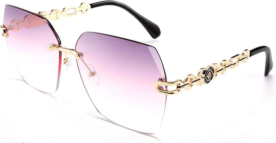 FEISEDY Classic Rimless Sunglasses Women Metal Frame Diamond Cutting Lens Sun Glasses B2567 (004 Grey-pink)