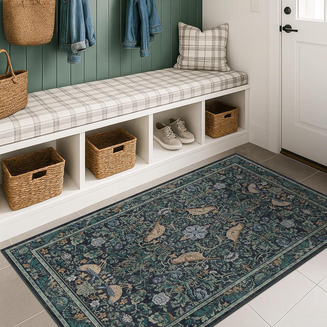 Vintage Large Entryway Rugs Indoor, 3x5 Washable Blue and Green Floral Rugs for Kitchen Floor, Bedroom Beside Bed, Non-Slip & Low Pile Stain Resistant Laundry Carpet with Plant & Bird Pattern