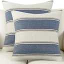 AmHoo Pack of 2 Farmhouse Linen Throw Pillow Cover Cushion Stripe Decoration Buffalo Retro Pillowcase with Hidden Zipper for Sofa Bedroom Car 16 x 16 Inch Blue
