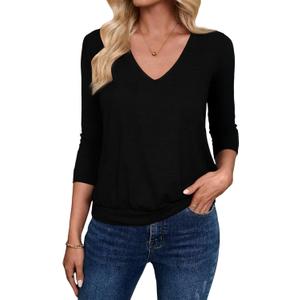 3/4 Length Sleeve Womens Tops V Neck Blouse Banded Bottom Shirts Fashion Tunic 2026 Fall Tees Spring Summer Clothes (Medium, Black)