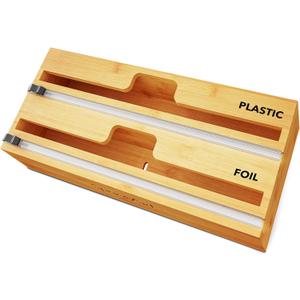 SpaceAid WrapNeat 2 in 1 Wrap Organizer with Cutter and Labels, Plastic Wrap, Aluminum Foil and Wax Bamboo Dispenser for Kitchen Storage Organization Holder for 12" Roll (Natural) (2-Slot, 3"Tall)