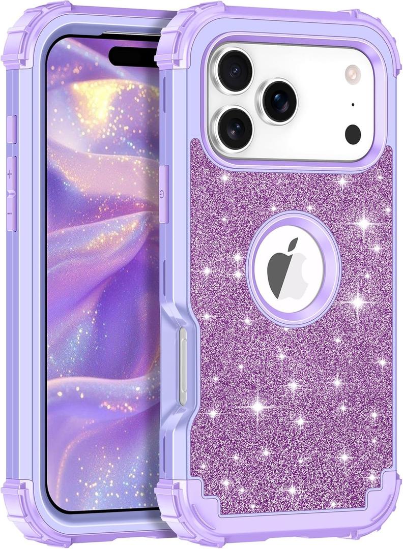 LONTECT for iPhone 17 Pro Case Glitter Sparkly Bling 3 in 1 Shockproof Heavy Duty Hybrid Sturdy High Impact Protective Cover Case for Apple iPhone 17 Pro 6.3 inch 2025,Purple