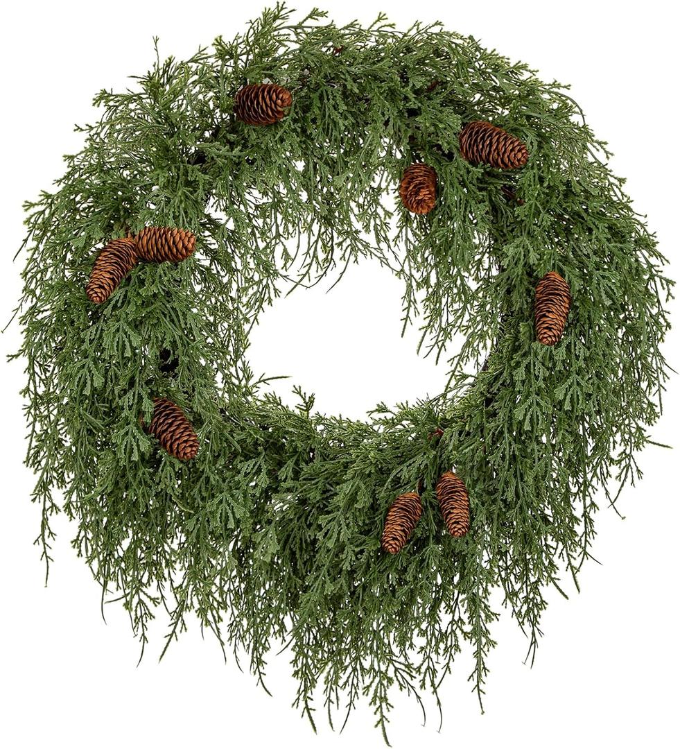 24 inch Christmas Wreath for Front Door, Real Touch Cedar Wreath with Pinecones Large Christmas Door Wreaths Artificial Hanging Pine Wreath for Xmas Indoor Outdoor Windows Holiday Decorations
