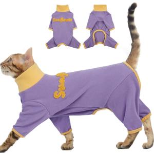 2XL Cat Onesies for Large Breeds - Purple,Sticky Hair Pajamas with Long Sleeves,Anti-Shedding & Anti-Licking Cat Clothes,Outing Wear Protecting The Skin,Indoor Sleeping Daily Wear, Size: XX-Large (Back Length:15.8")