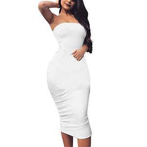 BORIFLORS Women's Basic Sleeveless Tube Top Sexy Strapless Bodycon Midi Club Dress,X-Large,White