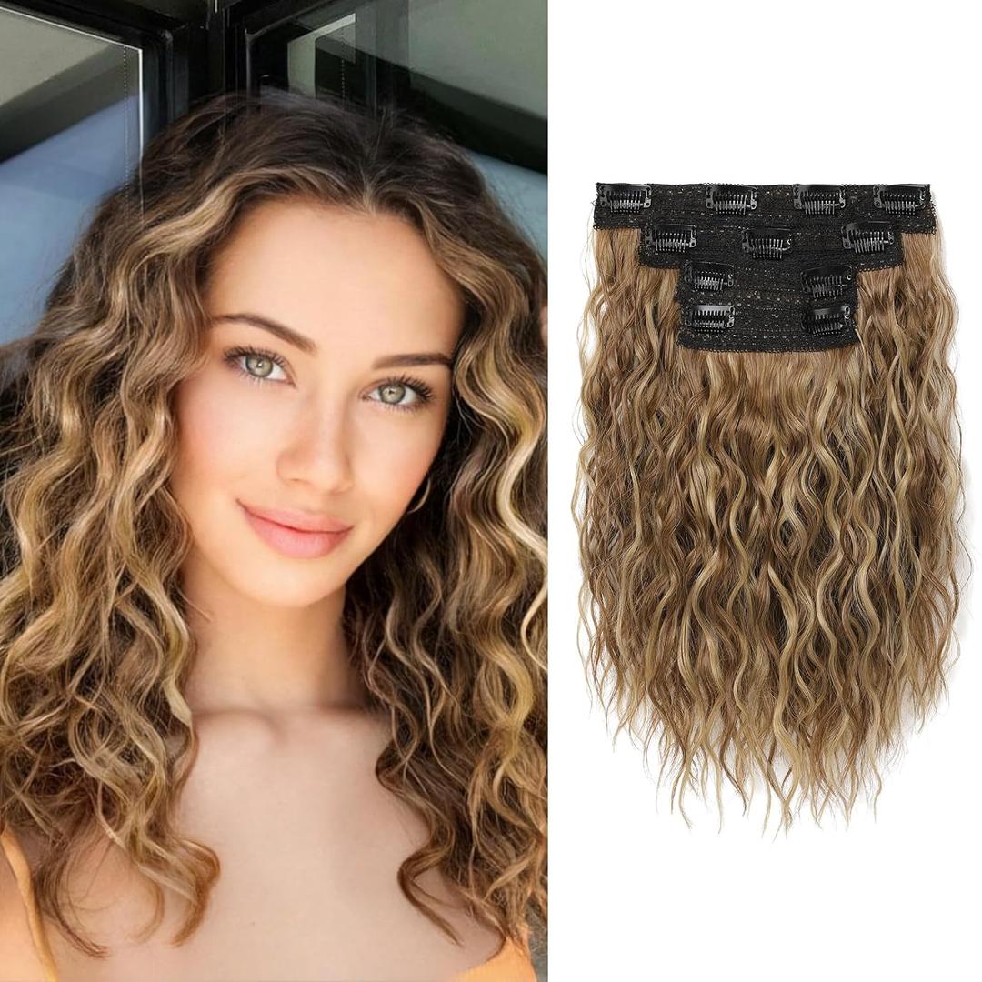 REECHO Clip in Hair Extensions - 4PCS 12" Short Curly Wavy Brown Hair Extensions with Invisible Lace Weft and Highlights (Light Brown with Highlights)