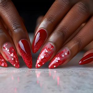 Red Press on Nails Almond Medium Fake Nails Red Glitter Heart Acrylic Nails Gradient False Nails Valentine's Day Artificial Nails Glue on Nail for Women Manicure Nail Decoration 24Pcs