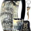 Drinking Horn Mug 16-20 oz  Gifts for Men, Dad, Husband  Unique Viking Gift  Handmade Authentic Ox Horn Cup with Shot Glass & Opener  For Beer, Ale, Mead  Natural Polished (Thor)