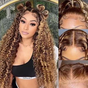 FTQZKEY Highlight Glueless Wig Human Hair Pre Plucked Pre Cut 4/27 9x6 HD Lace Closure Bob Wigs Glueless Wear and Go Colored Ombre Curly Lace Front Human Hair Wig for Black Women 14inch, Brown