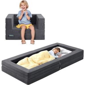 Travel Toddler Bed, 3-in-1 Convertible Sofa Bed for Toddler Portable Floor Beds, Flip Open Sofa Lounger for Girls and Boys, Made with High-Density Foam and Washable Cover,Gray (Grey)