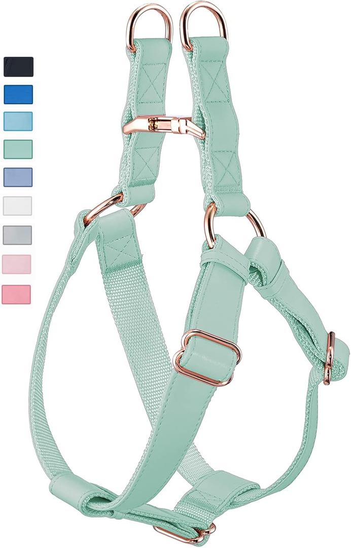 Soft Leather No Pull Dog Harness - Adjustable Step in Dog Harness with Rose Gold Heavy Duty Metal Buckle, Freedom Nylon Dog Halter Vests for Small Medium Large Dogs Easy Walking Training (Green,S)(Neck&Chest Girth 16"-20" x Width 0.8")