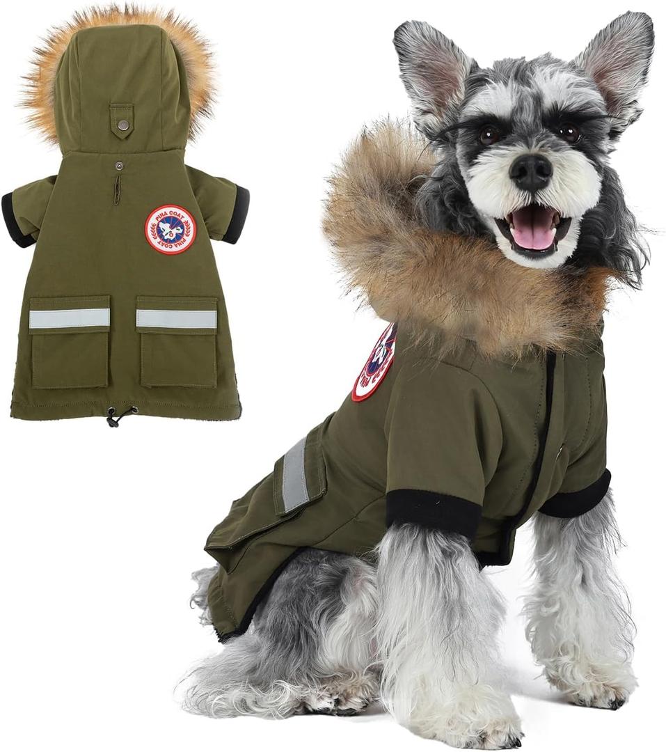 PINA Small Dog Coats - Waterproof Winter Jacket, Warm Cold Weather Coat with Faux Fur Hood and Reflective Pocket 2XL (Chest 25.5"), Olive Green