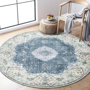 MUJOO Blue Round Rug 4ft, Circle Washable Area Rugs for Bedroom Living Room Bathroom, Boho Small Non Slip Circular Carpet, Floral