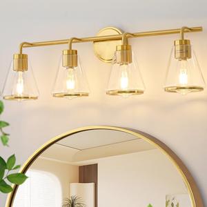 Gold Vanity Light 4 Light Bathroom Vanity Light Fixtures Over Mirror with Clear Glass Shade, 30 Inch Lights for Bathroom Modern Wall Sconce Lighting (Exclude E26 Bulb)