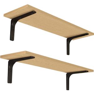 DINZI LVJ Long Wall Shelves, 31.5 Inch Wall Mounted Shelves Set of 2, Easy-to-Install, Floating Storage Ledges with Sturdy Metal Brackets for Living Room, Bathroom, Bedroom, Kitchen, Natural