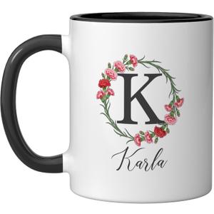 Floral Karla Name Flower Personalized Name Karla Ceramic Mug, Black/White (11 Ounces)