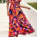 Womens V Neck Short Sleeve Graphic Print Colorblock Boho Flowy Casual Vacation A-line Maxi Dress (Multicolor, L)