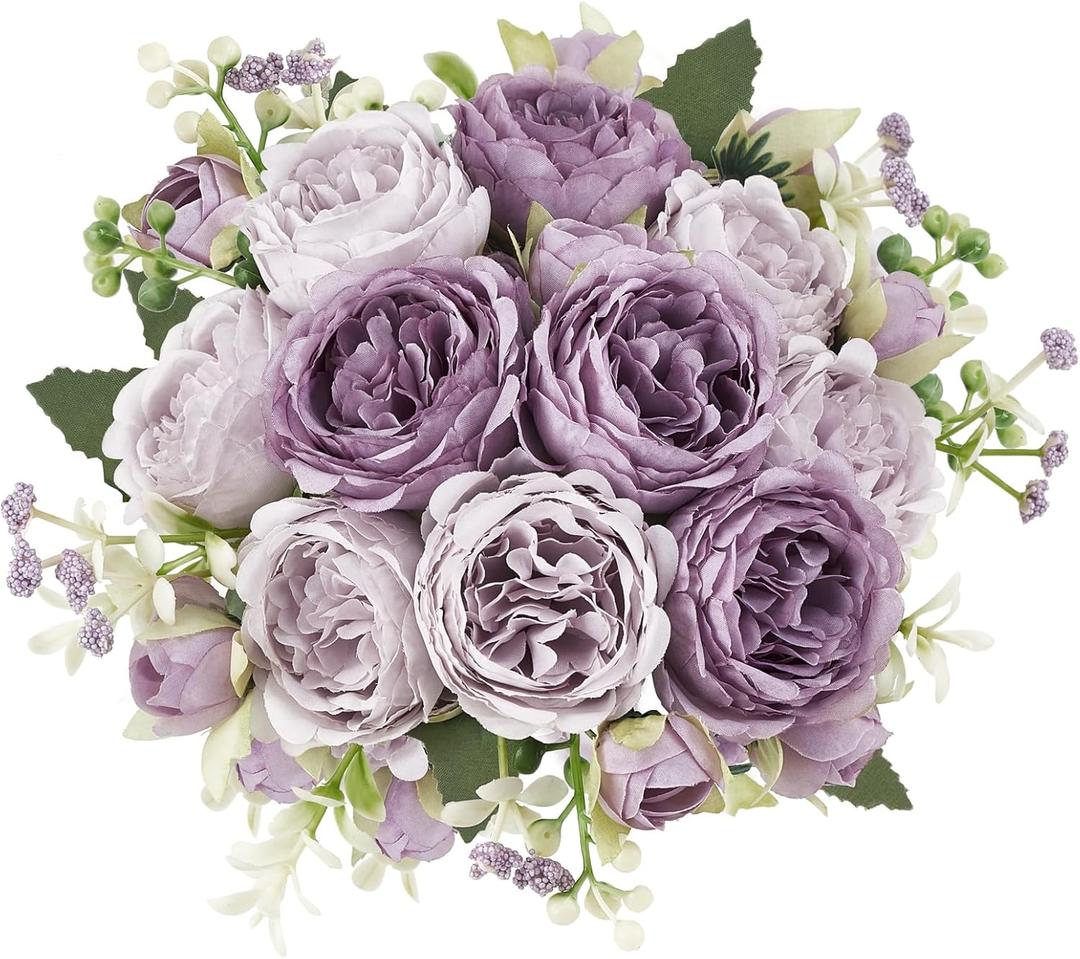Mkono Peonies Artificial Flowers, Small Silk Flowers for Home Decor Indoor Fake Bouquet Faux Floral Arrangements Dining Table Centerpieces for Kitchen Bridal Wedding Party Decor Purple