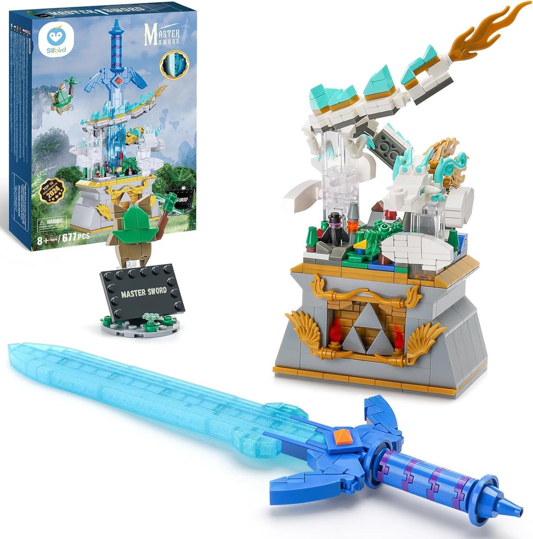 Sillbird BOTW Glowing Master Sword Building Blocks Set, TOTK Decorations with Dragon for Link Fans, Birthday Toys Gifts for Kids Boys Girls Ages 8-12 Year Old (677pcs)
