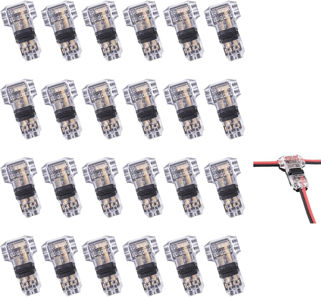 Brightfour Low Voltage Wire Connectors, No Stripping T Tap Wire Connectors 24 Pack, 3 Way Wire Connectors T Type 2 Pins for AWG 24-18 Wires