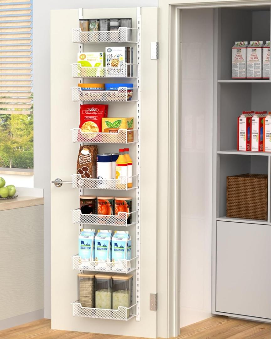 VyGrow 12.3" W Narrow Over the Door Pantry Organizer, 8-Tier Over the Door Organizer with Adjustable Basket, Pantry Door Organization for Pantry Kitchen Storage Room Spice Rack, White