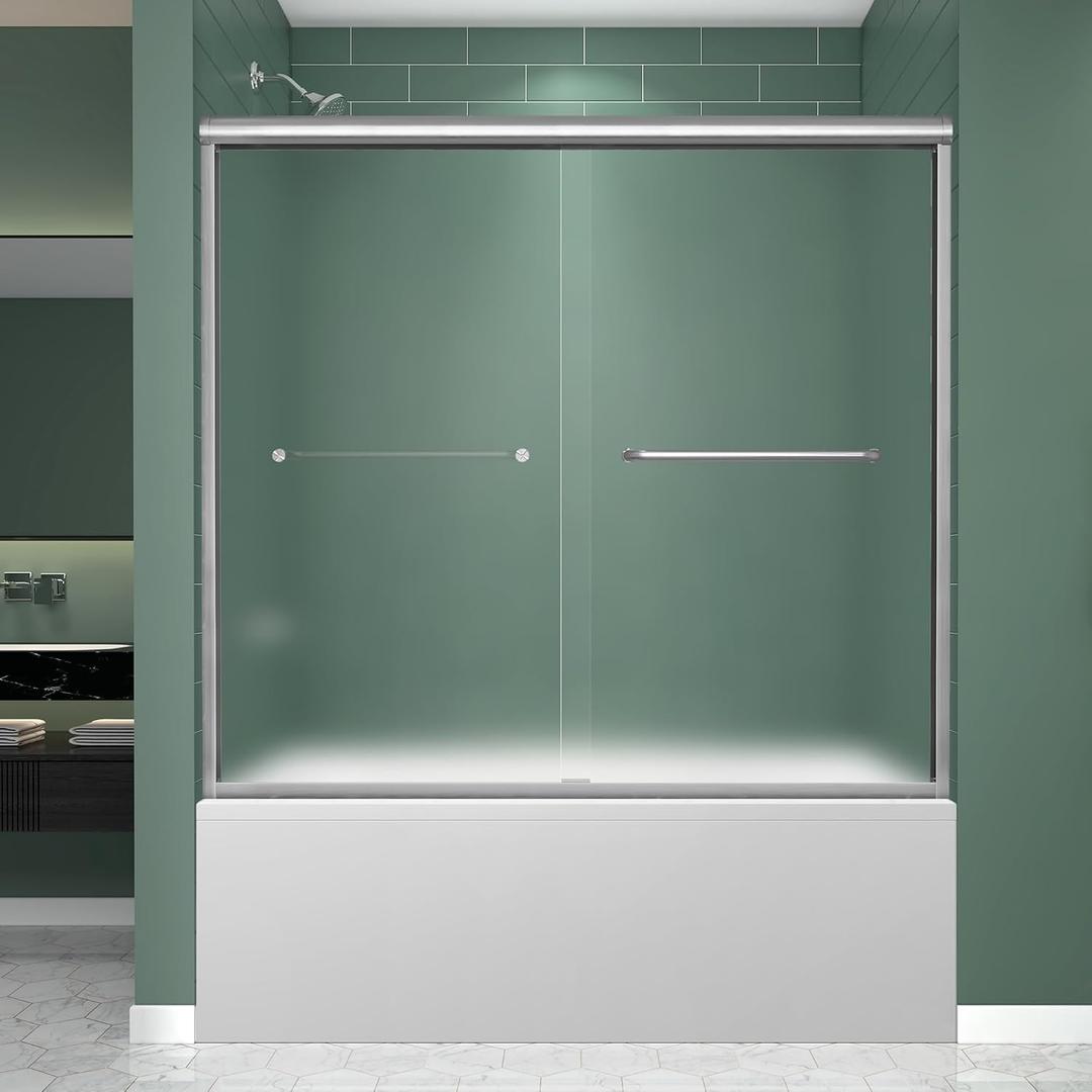 Frosted Tub Double Sliding Shower Door 55-60" W x 58" H, Brushed Nickel, Bathtub Door, Framed, 1/4" (6mm) Tempered Glass