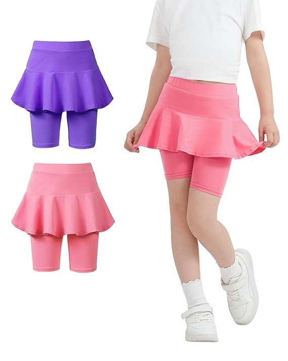 Girls Leggings with Skirt Uniform Skirts for Girls Knee-Length Ruffle Skirt Pants for Kid 4-11 Years Pink and Purple 