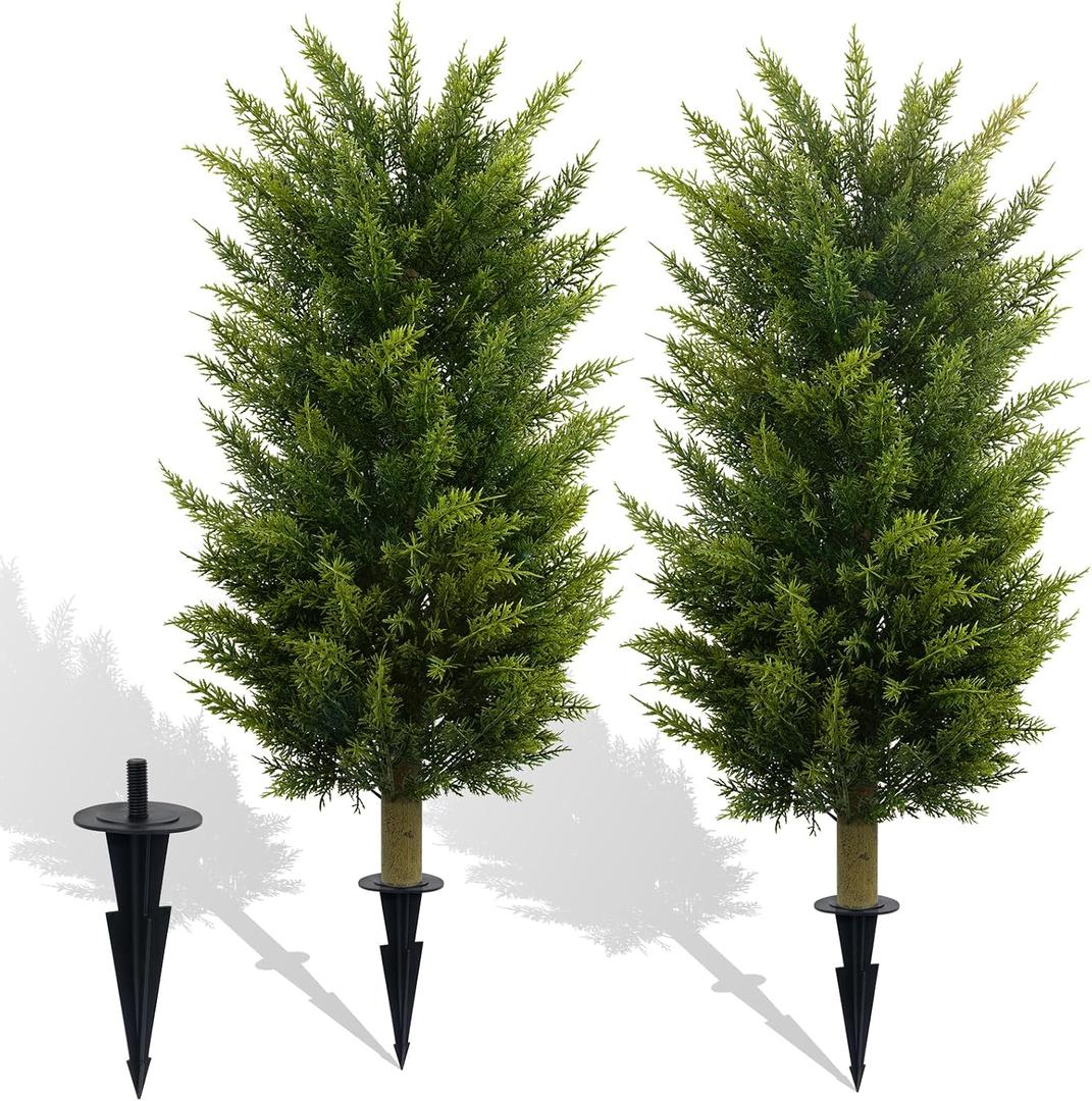 Set of 2 3FT Artificial Cedar Topiary Trees with Thickened Ground Spike, UV Resistant Faux Evergreen Bushes Fake Cypress Shrubs for Indoor Outdoor Front Porch Garden Decor