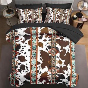7 Pcs Queen Size Comforter Set with 2 Pillowcases & 2 Shams, Cow Brown Cowhide Bedding for Kids and Adults, Animal Vintage Retro Bed in a Bag with Flat Fitted Sheet (Brown Cowhide Cow)