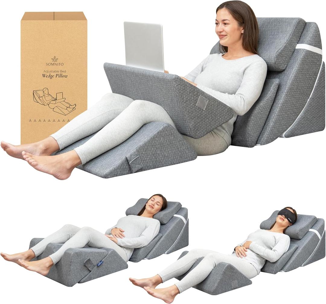 6pc Adjustable Orthopedic Wedge Pillow Set Relieve Acid Reflux, Snoring, Back Pain & Post-Surgery Discomfort (Grey)