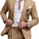 Linen Men Suit Set Casual Tuxedo 2 Piece Regular Fit Blazer One Button Solid Jacket and Pants for Prom Wedding Party (Beige, XXL)