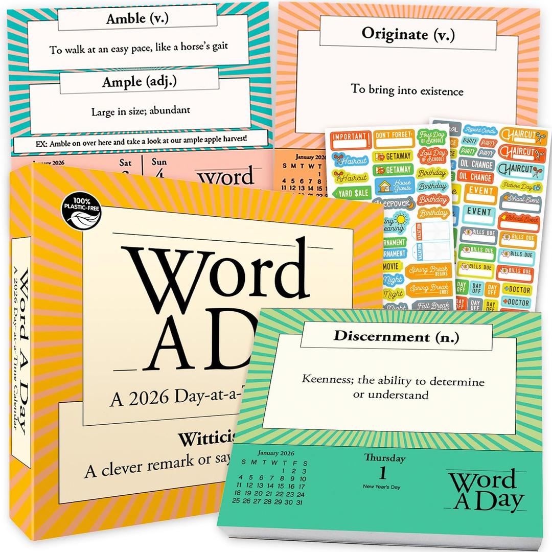 Word a Day 2026 Calendar, Box Edition Bundle - Deluxe 2026 Vocabulary Builder Day to Day Box Calendar with Over 100 Reminder Stickers (Educational Language Gifts, Office Supplies)