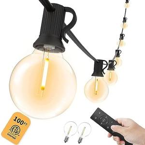 Yuusei Outdoor String Light with Remote, 100FT Outdoor Lights for Patio with 50+2 Shatterproof G40 Edison Bulbs, IP45 Waterproof String Lights for Backyard, Bistro, Cafe, Market 2500K Warm White