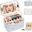 Makeup Bag With LED Mirror, Lightweight Travel Makeup Bag With 3 Color Setting Light Up Mirror Cosmetic Makeup Organizer Vanity Case for Women Beauty Tools Accessories Rechargeable Train Case-Floral