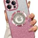 Misscase for iPhone 16 Pro Max Magnetic Glitter Case Compatible with MagSafe,Full Protection Slim Shockproof Anti-Scratch Case with Camera Lens Protector Logo View Dust-Proof Net for Women Pink