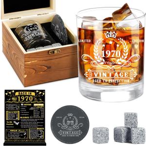 YeohJoy 55th Birthday Gifts for Men,Vintage 1970 Whiskey Glass Set,Wood Box &1970 Poster Anniversary Card & Whiskey Stones & Coaster,Bday Gifts Ideas for Him, Dad, Husband