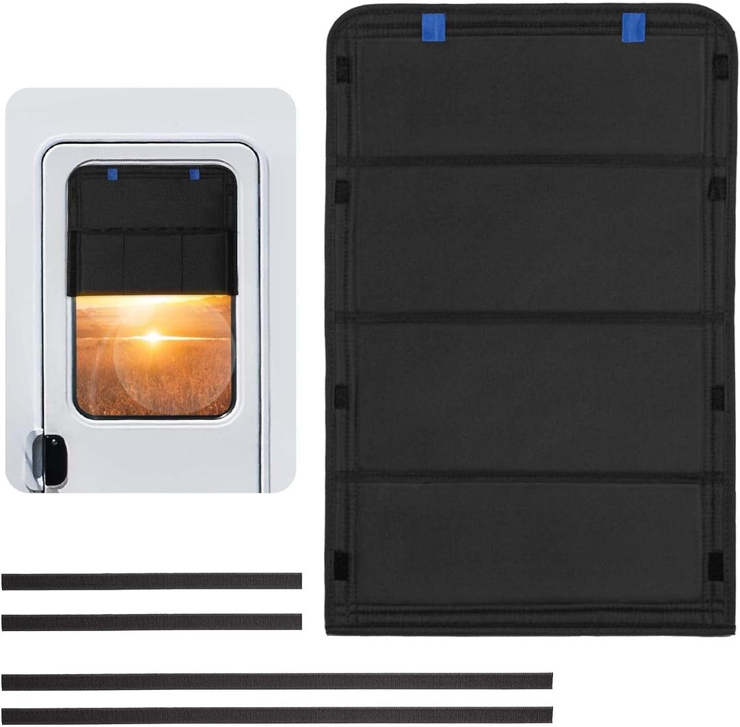 funomo RV Door Window Shade, New Model Foldable RV Blackout Window Cover, UV Rays Protection Camper Trailer Door Window Cover, Hook and Loop Fastener Waterproof Thickened Oxford Fabric (Black-B) 25"L x 16"W