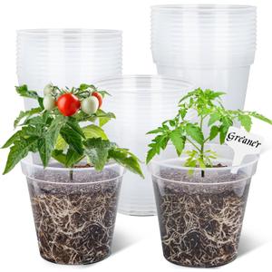 GREANER 7 Inch Transparent Plastic Garden Pots, Clear Plant Pots with Drainage Holes and 20 Pcs Plant Labels, Durable Seed Starting Pots for Orchid, Succulent, Vegetable, and Cactus