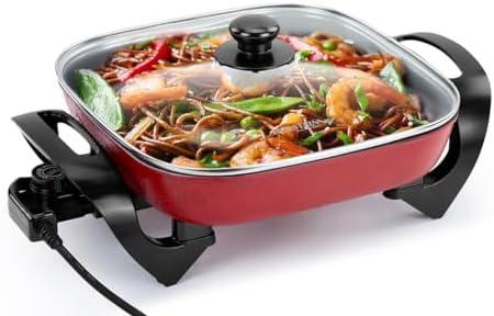 Holstein Housewares 12-Inch Electric Skillet and Frying Pan with Glass Lid, Non-Stick Coating, Temperature Control with Removable Heating Probe, Red