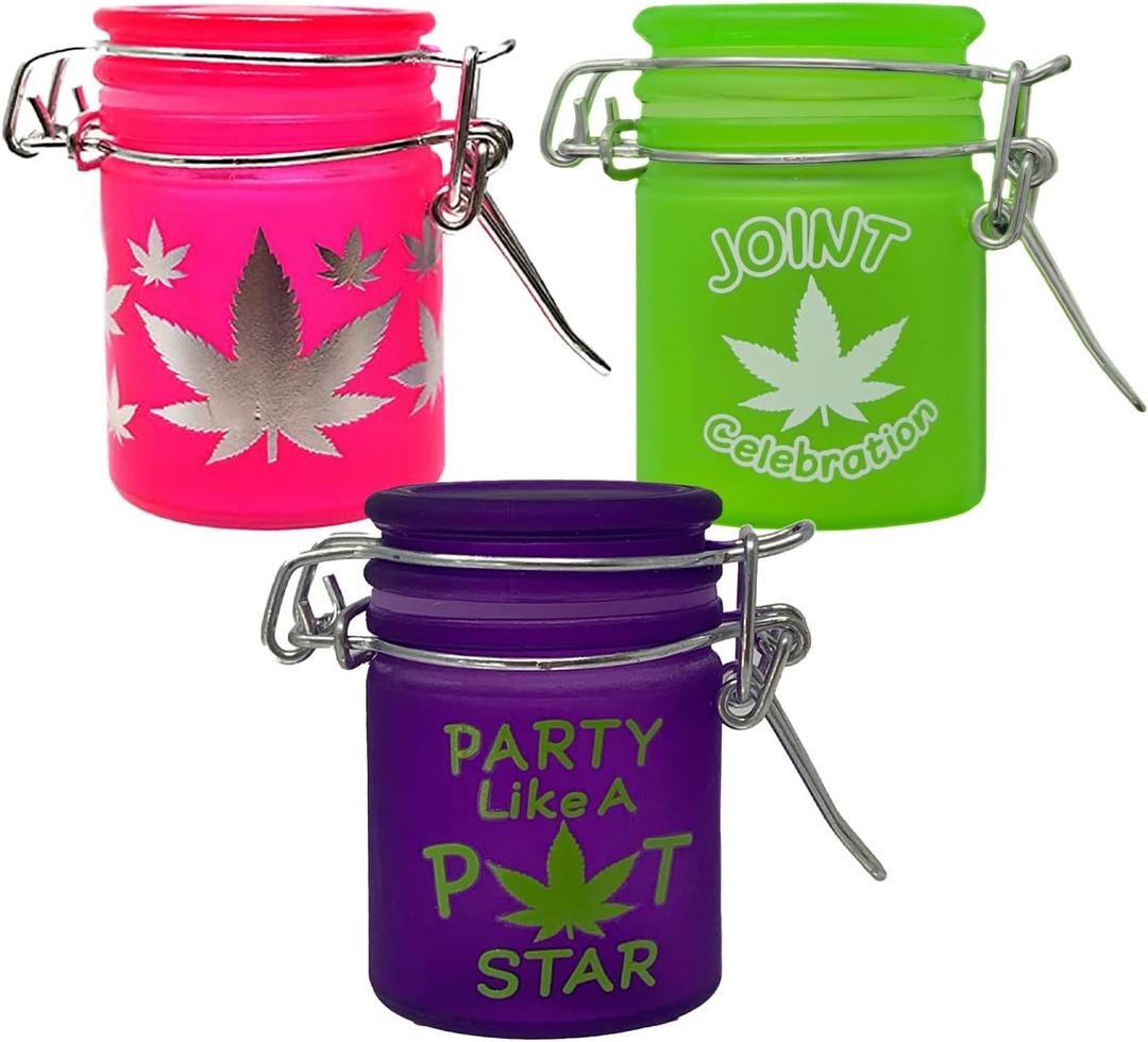 Mini Storage Jar Set of 3: Neon Pink/Silver Leaves, Purple Party, and Neon Green Celebration