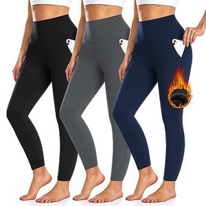 3 Pack Fleece Lined Leggings Women with Pockets -Warm Winter Yoga Pants for Women Thermal Running Workout Leggings Black/Grey/Navy XL