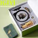 Japanese Matcha Set 7pcs - Ceramic Bowl & Hyaku Hon Tachi Bamboo Whisk (Chasen), Chashaku Spoon, Strainer, Cloth - Traditional Tea Ceremony Kit