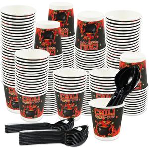 EoBeCy 400 Pcs Chili Cook Off Decorations, Funny Spicy Pepper Cartoon 5 oz Bowls Tasting Paper Cups and Plastic Spoons Set, Hot Chili Party Supplies for Festival or Cooking Contest