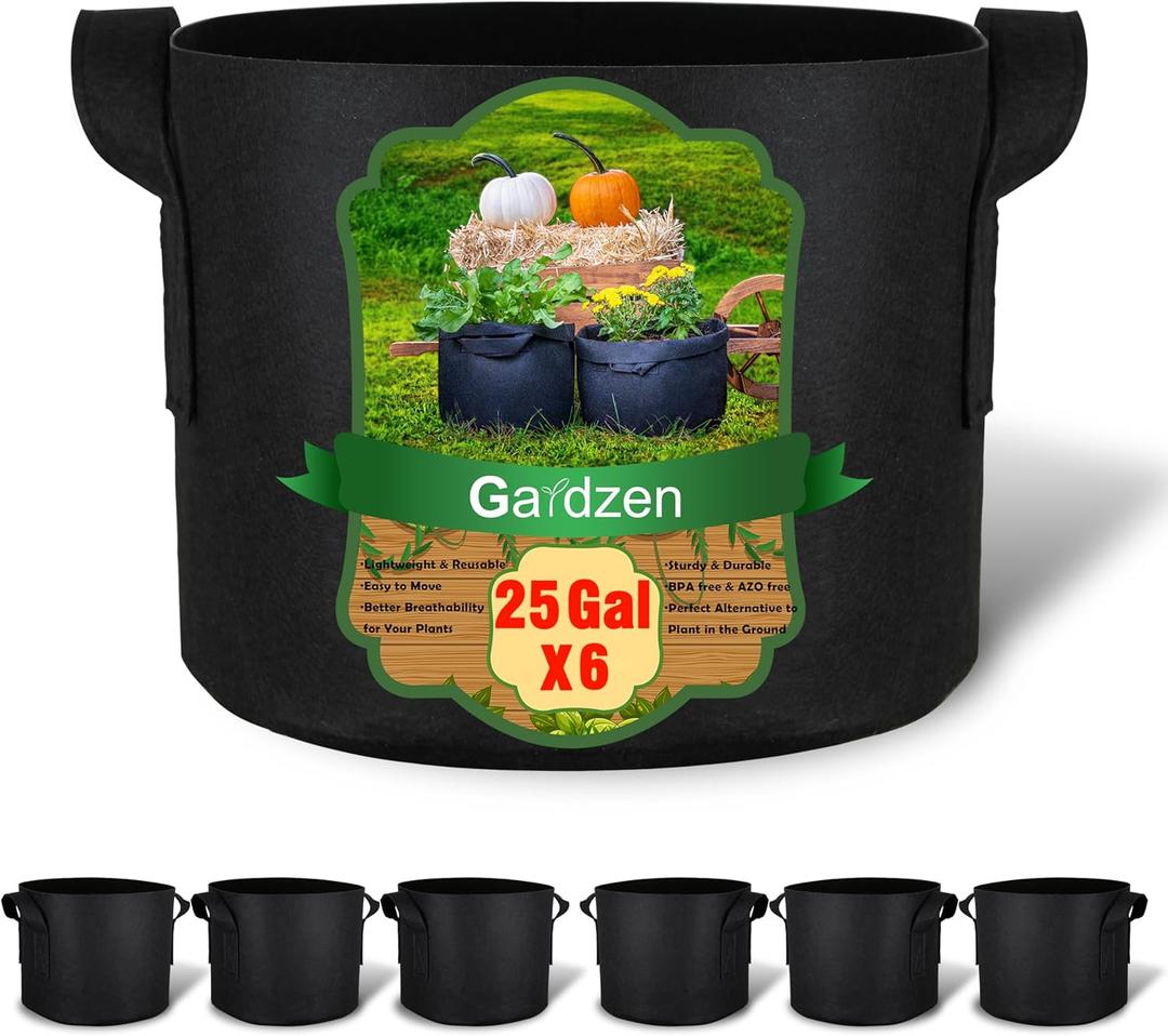 Gardzen 6-Pack 25 Gallon Grow Bags, Aeration Fabric Pots with Handles, Heavy Duty Cloth Pots for Plants