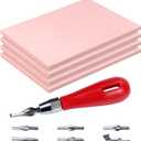4 Pack Rubber Carving Blocks 4x6 Inch with Lino Cutter Tool Set, Soft Rubber Stamp Making Kit for Block Printing, Linoleum Blocks for Printmaking and DIY Stamp Crafts, Pink