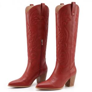 WIRALOMI Cowboy Boots for Women Red Cowgirl Boots Knee High Tall Boots with Embroidered Chunky Heel Western Long Boots, 6.5